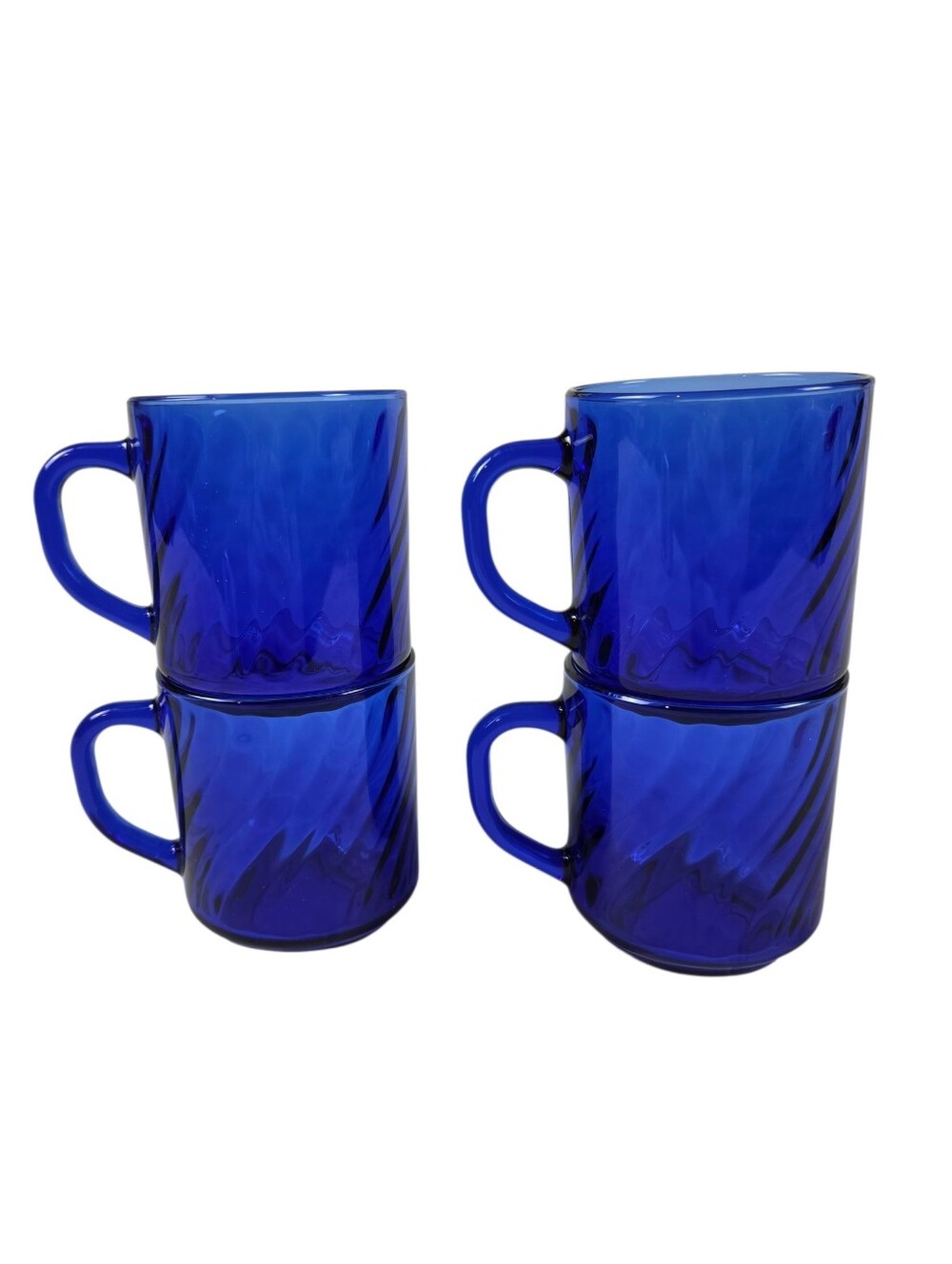 Arcoroc France Torsade Saphir Cobalt Blue Swirl Glass Mugs Set of 4